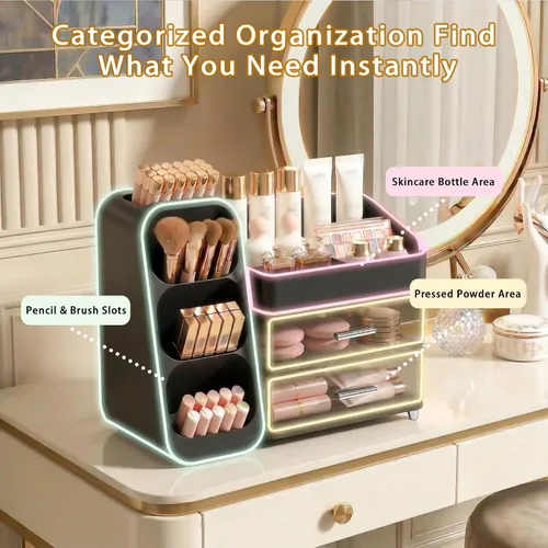 Miniatura 4 de Organizador de maquillaje de gran capacidad con soporte para brochas de maquillaje para tocador, material grueso, organizador de encimera de baño
