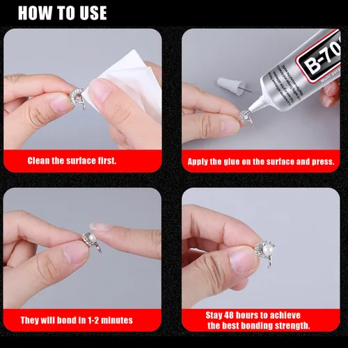 Miniatura 7 de B7000 - Pegamento para joyería, 4 piezas x 25 ml, B-7000 pegamento transparente super adhesivo multifunción, adhesivo industrial transparente