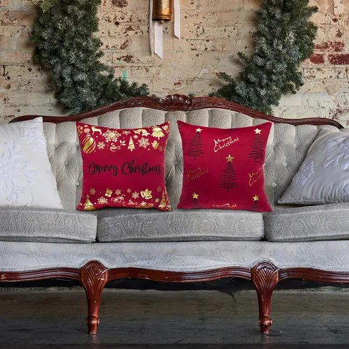 Miniatura 2 de TAJWE - Juego de 2 fundas de almohada decorativas de Navidad, 45 x 45 cm, Merry Christmas, rojo y dorado, decoraciones de invierno, árboles