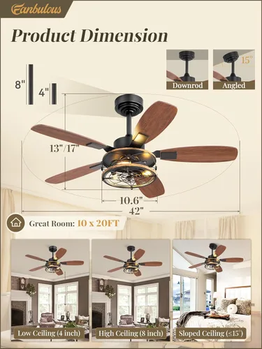 Miniatura 5 de Fanbulous - Ventilador de techo de granja con luz y control remoto, ventiladores de techo industriales enjaulados con motor reversible de 6 Negro