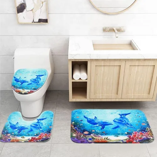 Miniatura 4 de Yddsky Juego de 4 cortinas de ducha con diseño de delfín oceánico azul con alfombras, cubierta de tapa de inodoro y tapete de baño, cortinas