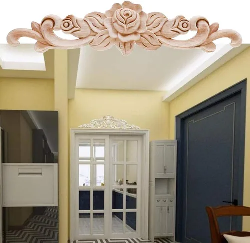 Miniatura 5 de 4 piezas de madera tallada apliques onlay sin pintar esquina Onlay Applique puerta gabinete rosa sin pintar estilo europeo (20x5cm/7.87x1.97inch)