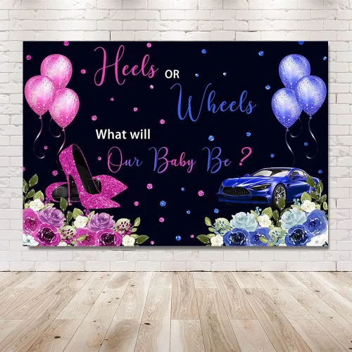 Miniatura 5 de MEHOFOND Talones o ruedas de 7 x 5 pies, fondo de revelación de género, globos fucsia o azul, sorpresa de género floral, baby shower, fiesta, mesa