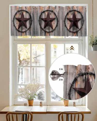 Miniatura 4 de Cortina de cenefas de estrella de campo occidental para cocina, cafetería, estrellas de hierro rústico en madera para puerta de granero, cenefa