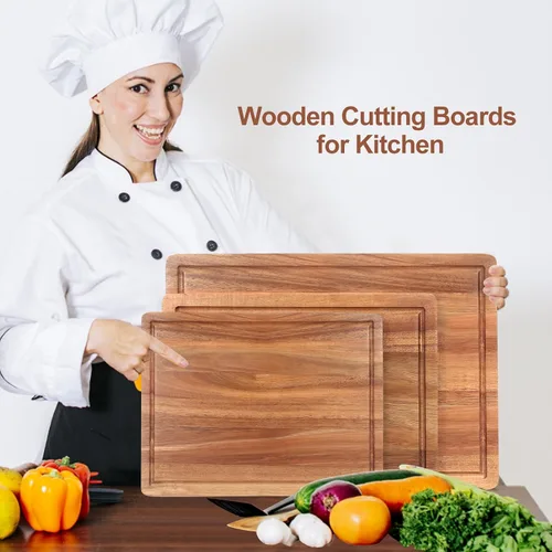 Miniatura 7 de Juego de tablas de cortar de madera maciza de 3 piezas de madera de acacia, juego de tabla de charcutería, tabla de cortar de carne de madera dura