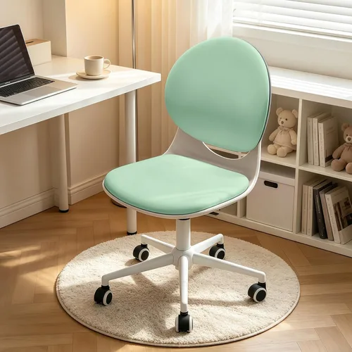 Miniatura 11 de Silla moderna de oficina en casa, silla de escritorio de tela de piel sintética sin brazos con respaldo medio, silla giratoria de altura ajustable