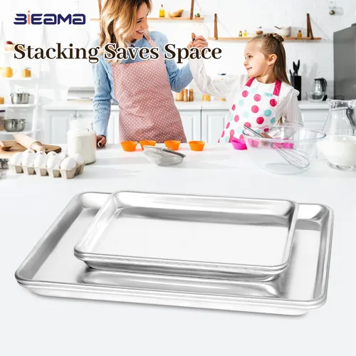 Miniatura 8 de BIEAMA Juego de 4 bandejas de aluminio para hornear, 2 bandejas de media hoja y 2 cuartos de tamaño, hojas comerciales de galletas resistentes