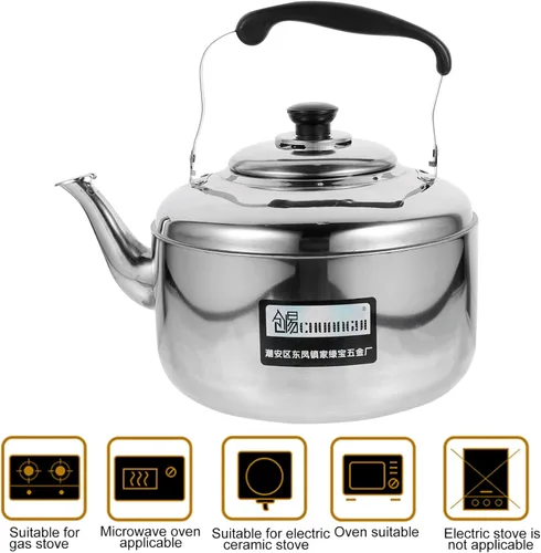 Miniatura 5 de Hemoton Moment - Tetera de acero inoxidable de 6 litros con mango antiquemaduras, distribución uniforme del calor para estufas de gas y eléctricas