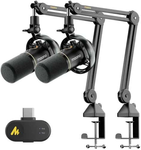 Miniatura 12 de MAONO PD200W Paquete de equipo de podcast híbrido inalámbrico para 2, kit de micrófono dinámico XLR USB con 2 soportes de escritorio, software