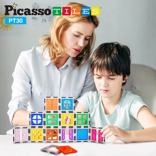 Miniatura 2 de PicassoTiles Juego de 30 azulejos magnéticos + 100 piezas de azulejos + 4 figuras de acción familiar, clip de ventana y puerta en azulejos