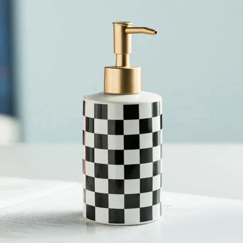 Miniatura 2 de Dispensador de jabón de cerámica a cuadros con bomba mate dorada a prueba de óxido, dispensador de jabón decorativo para baño o cocina