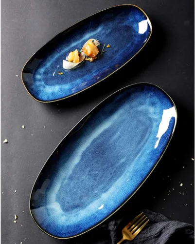 Miniatura 8 de Cabilock Bandeja de pescado Placa de sushi de cerámica Blue Black Snack Serving Plate para fiesta de boda
