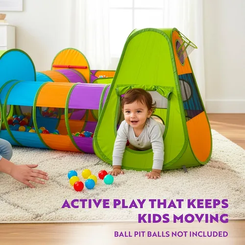 Miniatura 5 de Playz Tienda de campaña desplegable de 5 piezas para niños, túnel de gateo y pozo de pelotas con aro de baloncesto para niños, niñas, bebés y niños