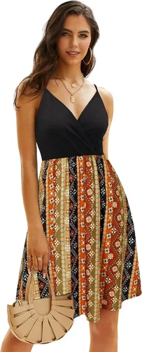 Miniatura 3 de II ININ vestido de verano con cuello en V, para mujer, estilo informal, de tubo, floralliso, con tirantes delgados, vuelos y bolsillos