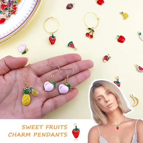 Miniatura 4 de JIALEEY 60 dijes de frutas chapados en oro surtidos esmaltados mezclados con manzana, plátano, piña, fresa, uva, melocotón, colgante, bricolaje
