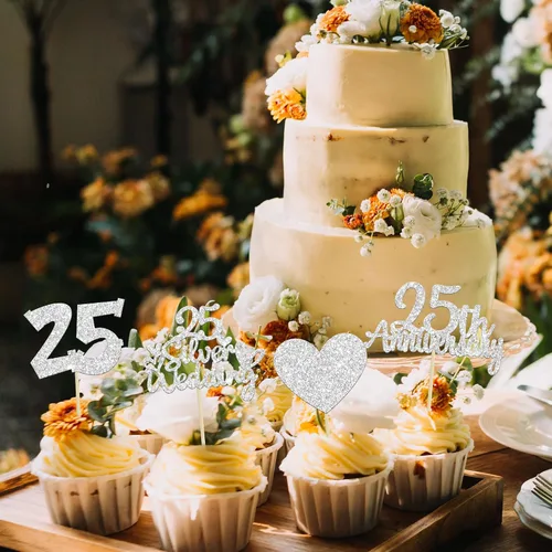 Miniatura 7 de Gyufise 24 adornos plateados para cupcakes de 25 aniversario, boda, aniversario de 25 años, decoración de pastel de corazón para 25 decoraciones