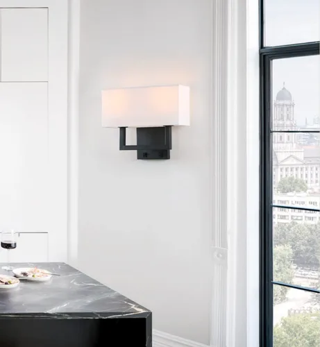 Miniatura 6 de PERMO Apliques de pared con acabado negro, doble aplique con pantallas textiles blancas y botón de encendido/apagado, lámpara de pared para sala