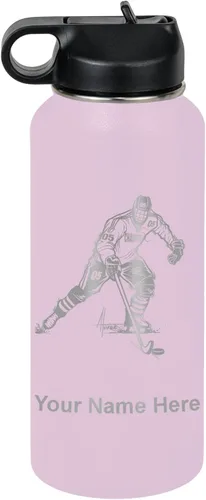 Miniatura 19 de LaserGram Botella de agua personalizada, jugador de hockey, acero inoxidable de doble pared aislada al vacío con popote superior, regalo grabado