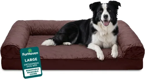 Miniatura 29 de Furhaven Cama ortopédica de espuma para perros, de pelo sintético y terciopelo, con diseño de caja de huevos, color salvia oscura, talla M Dark Sage