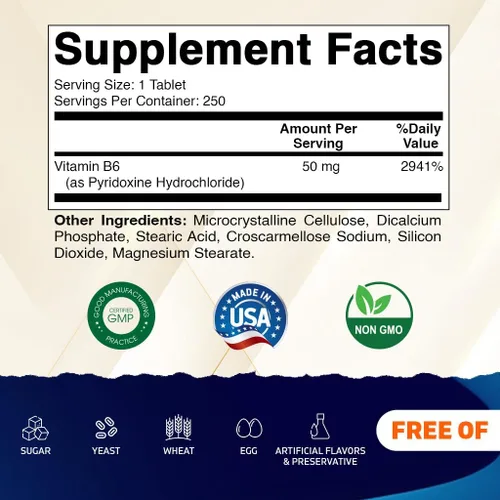 Miniatura 2 de Vitamatic Vitamina B6 (Piridoxina HCI), 50 mg 250 tabletas vegetarianas - Promueve la producción de energía, aumenta el metabolismo y el apoyo a