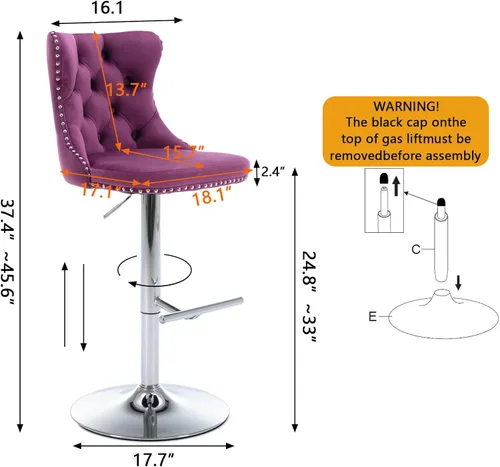 Miniatura 67 de Juego de 2 modernos taburetes de bar giratorios ajustables, sillas de bar copetudas de terciopelo beige con respaldo y ribete de cabeza de clavo