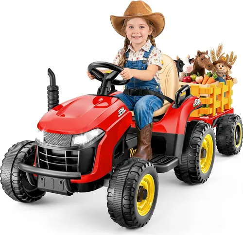 Miniatura 8 de ARBELI Tractor de paseo de 12 V 7 AH con remolque inclinable y control remoto, motores de 2 x 45 W, Bluetooth, música, palanca de cambios, juguetes