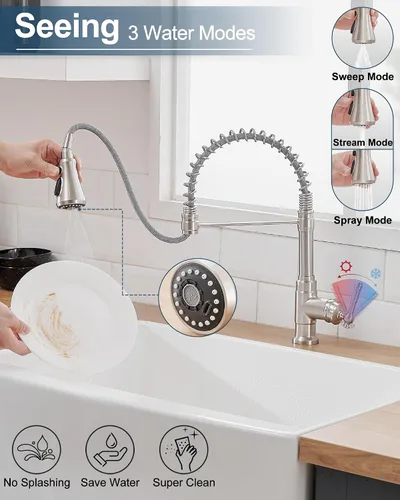 Miniatura 2 de Grifos de cocina con rociador desplegable de níquel cepillado de 3 modos, grifo de fregadero de cocina con resorte de una sola manija de 3 agujeros