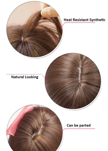 Miniatura 4 de Extensiones de pelo de 14 pulgadas con flequillo lateral para mujer, parte superior sintética para pérdida de cabello, cabello con clip, marrón