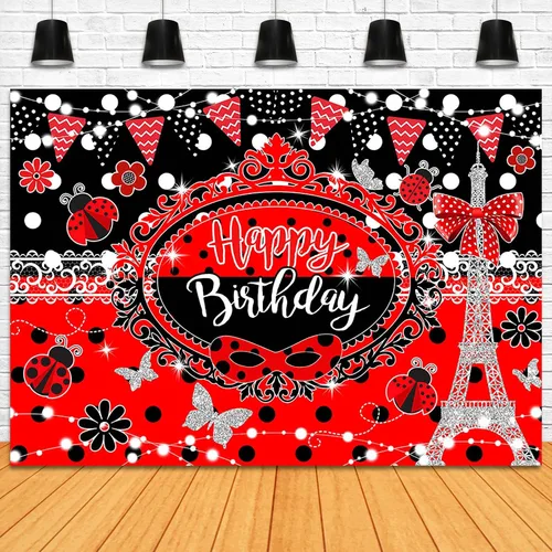 Miniatura 4 de Telón de fondo de cumpleaños de 7 x 5 pies, torre Eiffel, mariposa, rojo y negro, decoración de fiesta de feliz cumpleaños para niña, luces