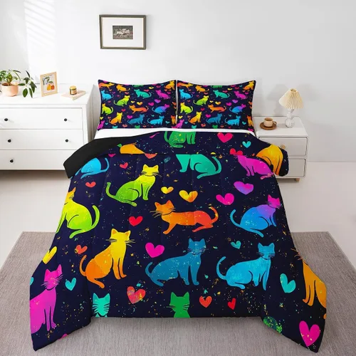 Miniatura 41 de Erosebridal Lindo juego de edredón de gato, tamaño individual, kawaii, fresa, juego de ropa de cama para niñas, diseño de arco iris, edredón rosa