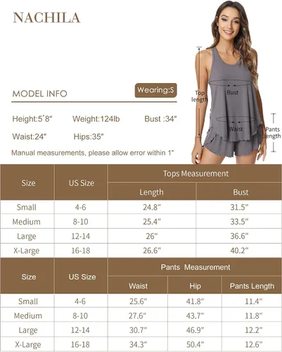 Miniatura 2 de NACHILA Conjunto de pijama para mujer, camiseta sin mangas de bambú acanalada con espalda cruzada y pantalones cortos, ropa de dormir sin mangas