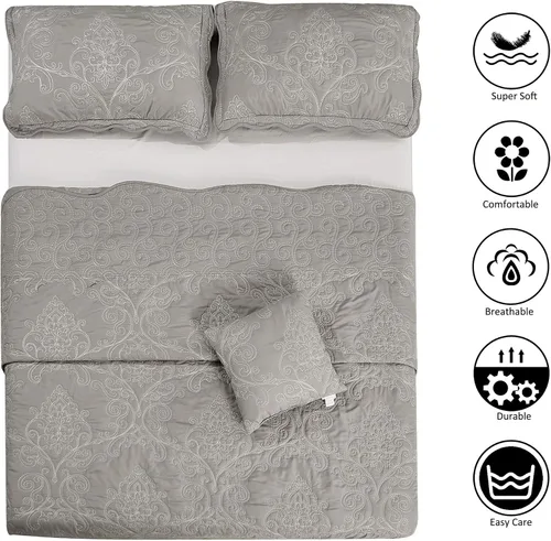 Miniatura 3 de Home Soft Things Juego de colcha de damasco de 4 piezas, edredón reversible con borde festoneado, juego de ropa de cama prelavado, patrón floral