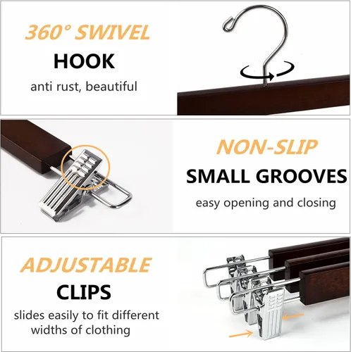 Miniatura 4 de Amber Home Paquete de 10 perchas de madera de nogal macizo de 14.17 pulgadas, perchas inferiores para pantalones pantalones jeans con 2 clips