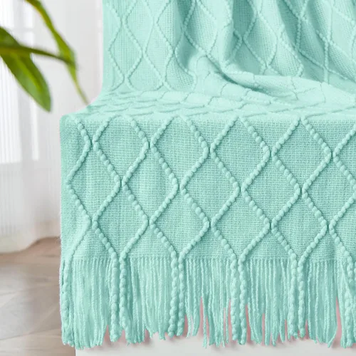 Miniatura 30 de inhand Mantas de punto para sofá y cama, manta de punto suave y acogedora con borlas, mantas decorativas ligeras y mantas decorativas de granja
