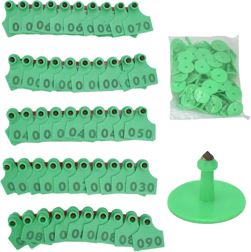 Etiquetas de oreja de ganado numeradas del 001 al 100, etiquetas de oreja grandes de TPU para ganado vacuno, ovejas, terneros, zorros, granja, Verde