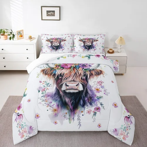 Miniatura 8 de Erosebridal Highland Cow - Juego de edredón tamaño matrimonial, juego de ropa de cama de toro de cuerno largo occidental para niños y adultos, Verde