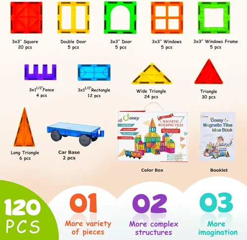 Miniatura 6 de cossy Juego de 120 bloques de construcción magnéticos 3D con azulejos magnéticos, juguetes educativos de construcción para niños y niñas de 3, 4, 5