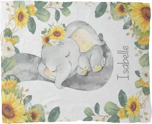 Miniatura 2 de Mantas de elefante de girasol para bebé niña con nombre personalizado personalizado para guardería, manta de forro polar súper suave para cumpleaños