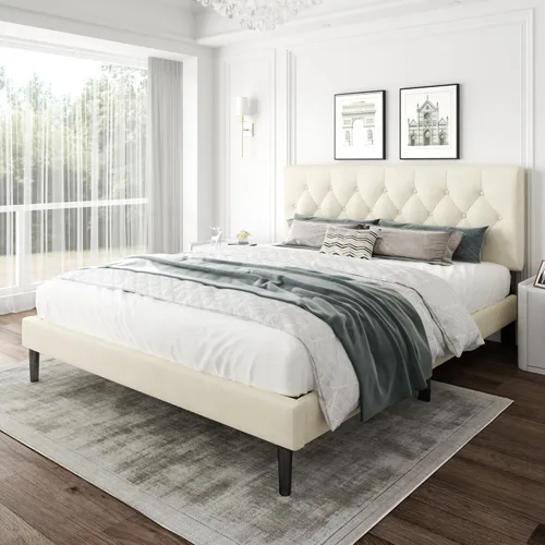 Miniatura 10 de CXVX Marco de cama de tamaño matrimonial con estructura de plataforma y cabecera tapizada, diseño con botones, listones de madera resistentes,