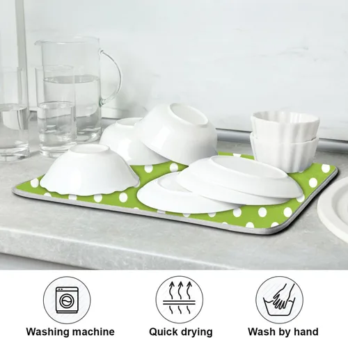 Miniatura 7 de Tapete de secado de platos verde para cocina, tapete de secado de microfibra verde menta con lunares blancos, tapete de secado de microfibra