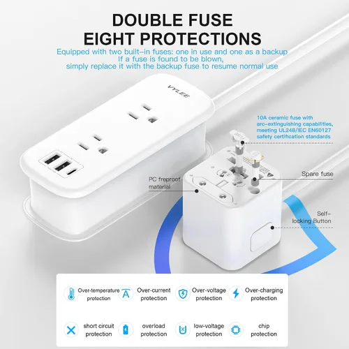 Miniatura 10 de VYLEE Adaptador de viaje universal con cable de extensión de 6 pies, adaptador de corriente internacional para Europa, Reino Unido, EE. UU.
