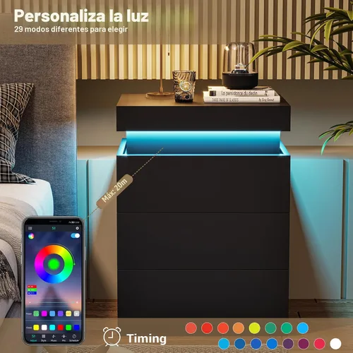Miniatura 5 de ADORNEVE Mesita de noche con estación de carga y luces LED, mesa auxiliar con parte superior deslizante, mesa de noche con cajones, mesa lateral