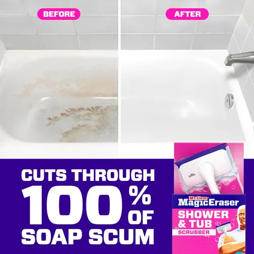 Miniatura 4 de Mr. Clean Borrador mágico para ducha y tina, limpiador de baño, limpiador de baño todo en uno, kit inicial de limón, 1 limpiador y 2 borradores
