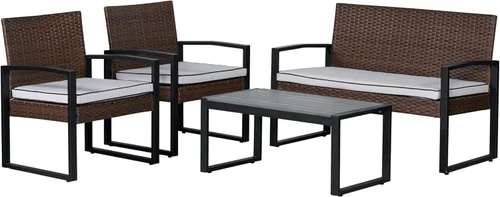 JONATHAN Y Elina LVG1102B-4SET - Juego de 4 piezas para patio al aire libre, muebles modernos de mimbre con cojines y mesa de centro de madera de
