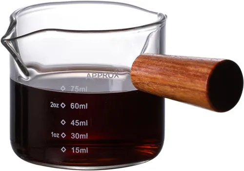 Taza medidora de café expreso y vaso de chupito de espresso con mango de madera y boquilla doble como accesorios para café, leche y salsa de miel (1
