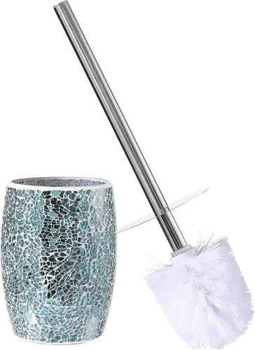 Miniatura 7 de WHOLE HOUSEWARES Juego de escobillas de inodoro moderno (plateado) - Accesorio de baño de mosaico de vidrio con cerdas resistentes y soporte