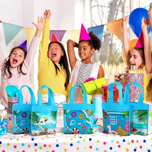 Miniatura 5 de Sweetude 36 bolsas de recuerdo de fiesta en la piscina, 4 diseños de bolsas de regalo de verano con asas, regalo de playa no tejidas para piscina