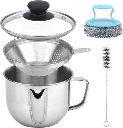 Separador de grasa de acero inoxidable para 4 tazas/33.8 fl oz, separador de grasa con colador y tapa de vidrio, taza separadora de aceite de sopa