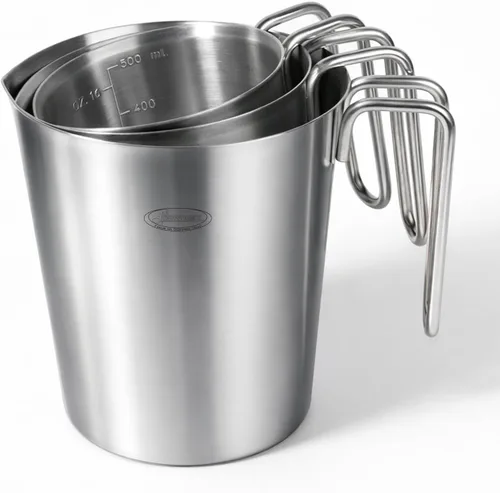 Miniatura 10 de Newness Juego de 2 tazas medidoras de acero inoxidable (3 marcas, incluye escala de taza/ml/onza) (2 y 3 tazas) taza medidora de metal con asa