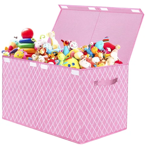 Miniatura 10 de Caja de almacenamiento de juguetes para niños y niñas, contenedor organizador grande plegable y resistente con tapa abatible de tela y asas